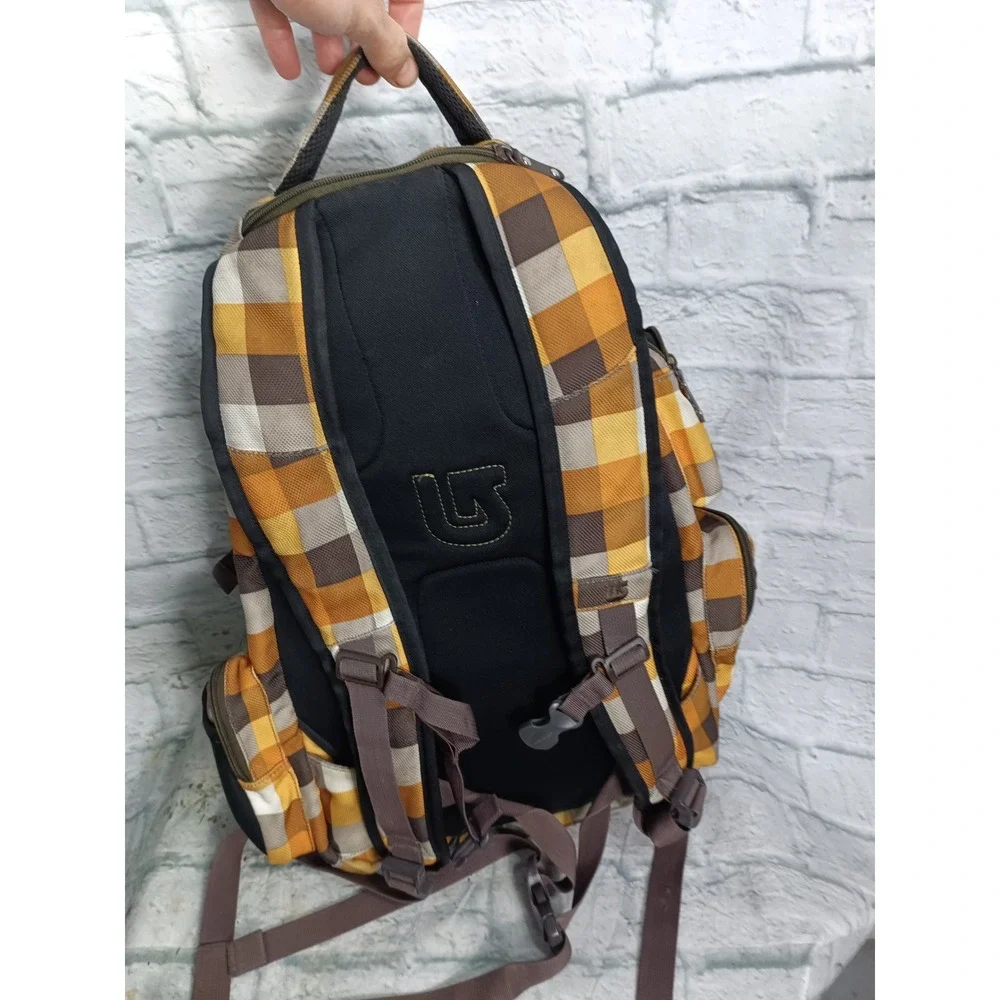 Burton Plaid Backpack Yellow Brown Checkered Multi Pocket Outdoors Travel Bag